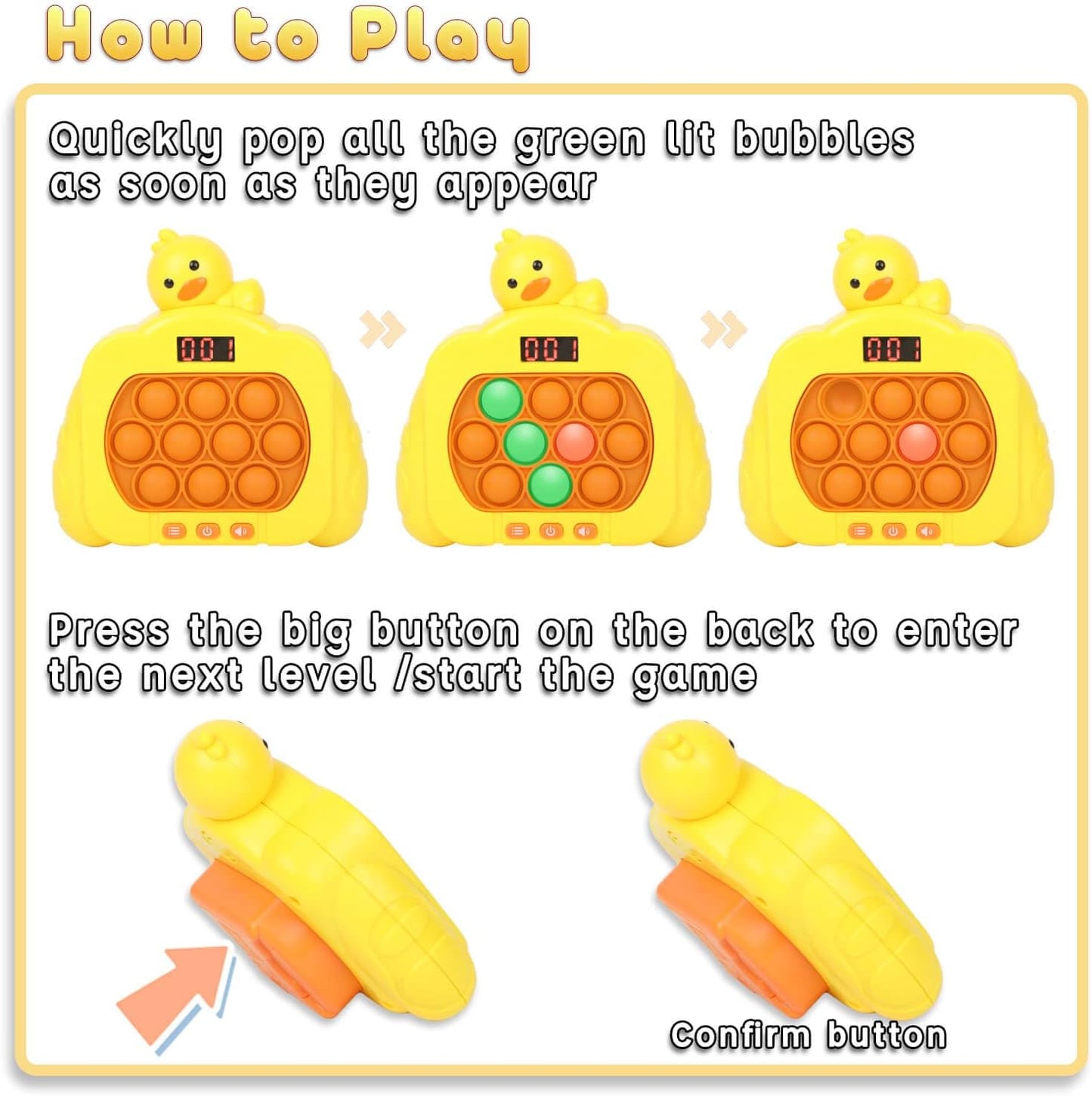 Quick Push Pop Game Fidget Toys, 12 Modes LED Screen Light Up Fast Push Bubble Game, Handheld Speed Pushing Game, Christmas Toys Gifts for 6 7 8 9 10 11 12 Years Old Kids Stocking Stuffers(Duck)