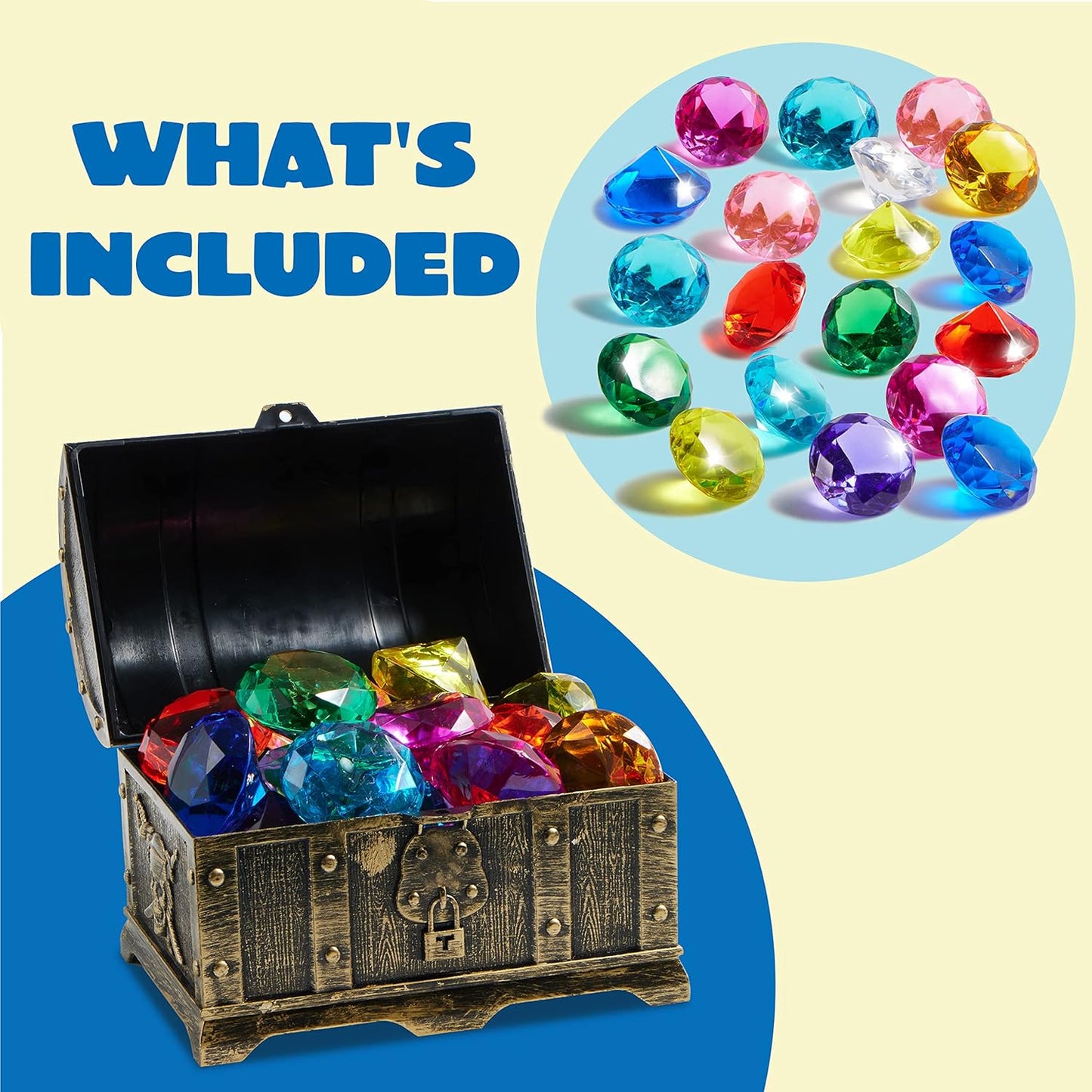 Sloosh Diving Gems Pool Toys, 16 Big Colorful Diamond with Pirate Treasure Chest,Swim Dive Toy for Kids Underwater Gemstone Swimming Training Gift Water Pool Games(Gold)