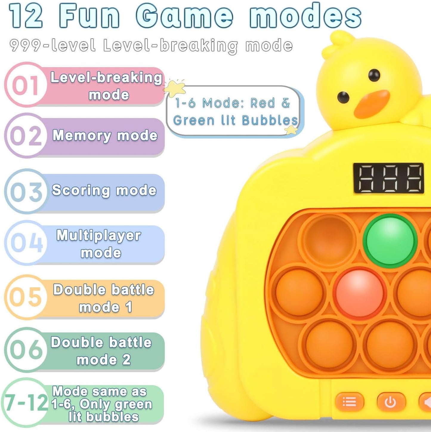 Quick Push Pop Game Fidget Toys, 12 Modes LED Screen Light Up Fast Push Bubble Game, Handheld Speed Pushing Game, Christmas Toys Gifts for 6 7 8 9 10 11 12 Years Old Kids Stocking Stuffers（Duck）