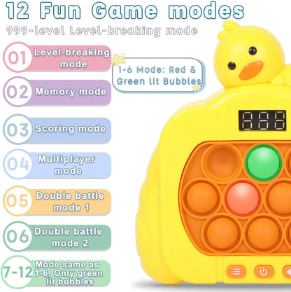 Quick Push Pop Game Fidget Toys, 12 Modes LED Screen Light Up Fast Push Bubble Game, Handheld Speed Pushing Game, Christmas Toys Gifts for 6 7 8 9 10 11 12 Years Old Kids Stocking Stuffers（Duck）