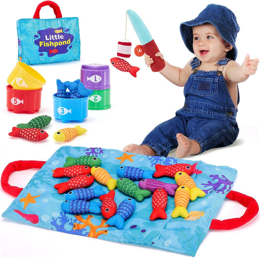 hahaland Toddler Toys Montessori Toys for 1 Year Old Boy Girl Birthday Gift, 10 in 1 Cloth Fishing Game with Stacking Cups- Number Counting, Color Sorting, Shape Learning Easter Gifts Toddler Boy