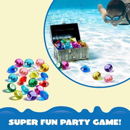 Sloosh Diving Gems Pool Toys, 16 Big Colorful Diamond with Pirate Treasure Chest,Swim Dive Toy for Kids Underwater Gemstone Swimming Training Gift Water Pool Games(Gold)
