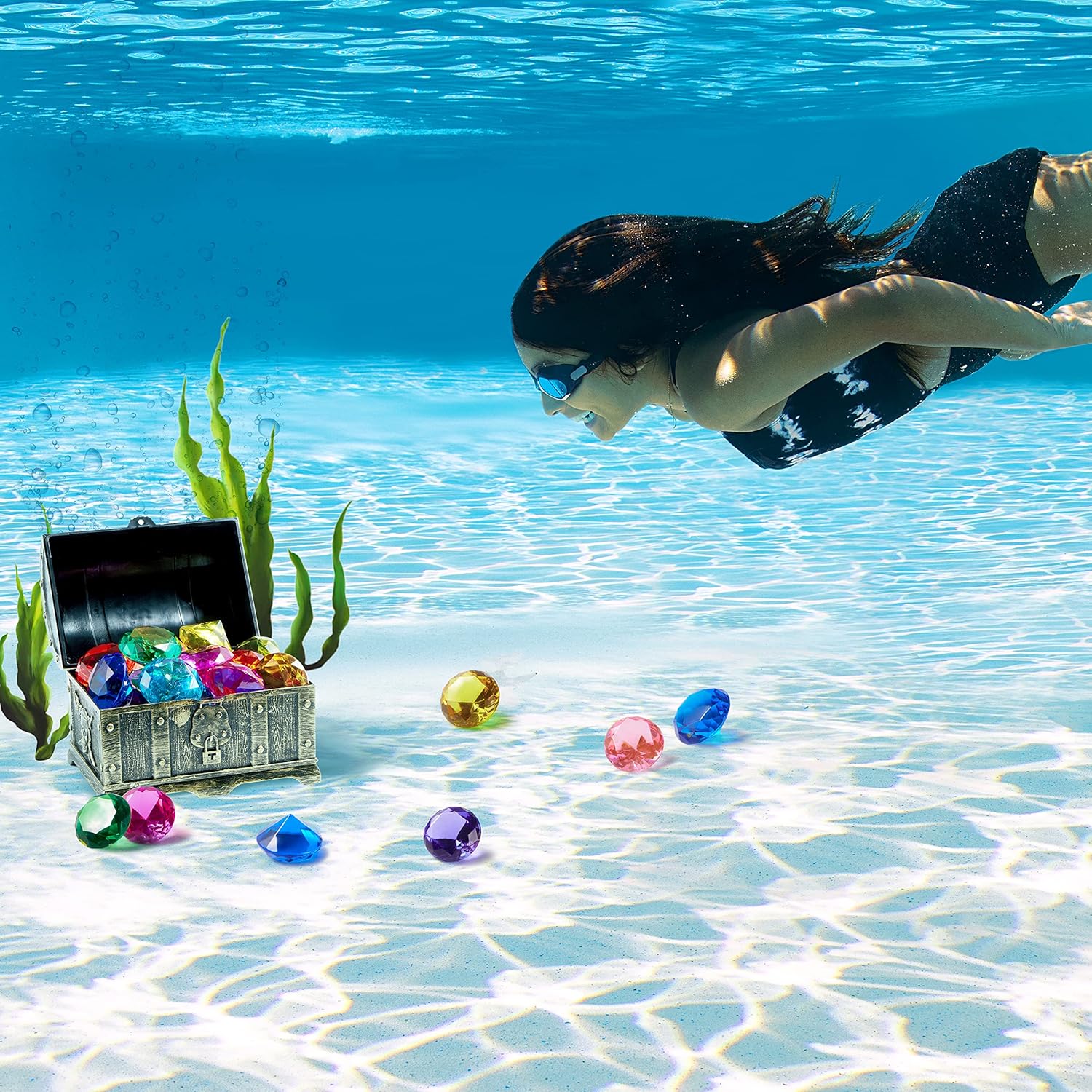 Sloosh Diving Gems Pool Toys, 16 Big Colorful Diamond with Pirate Treasure Chest,Swim Dive Toy for Kids Underwater Gemstone Swimming Training Gift Water Pool Games(Gold)