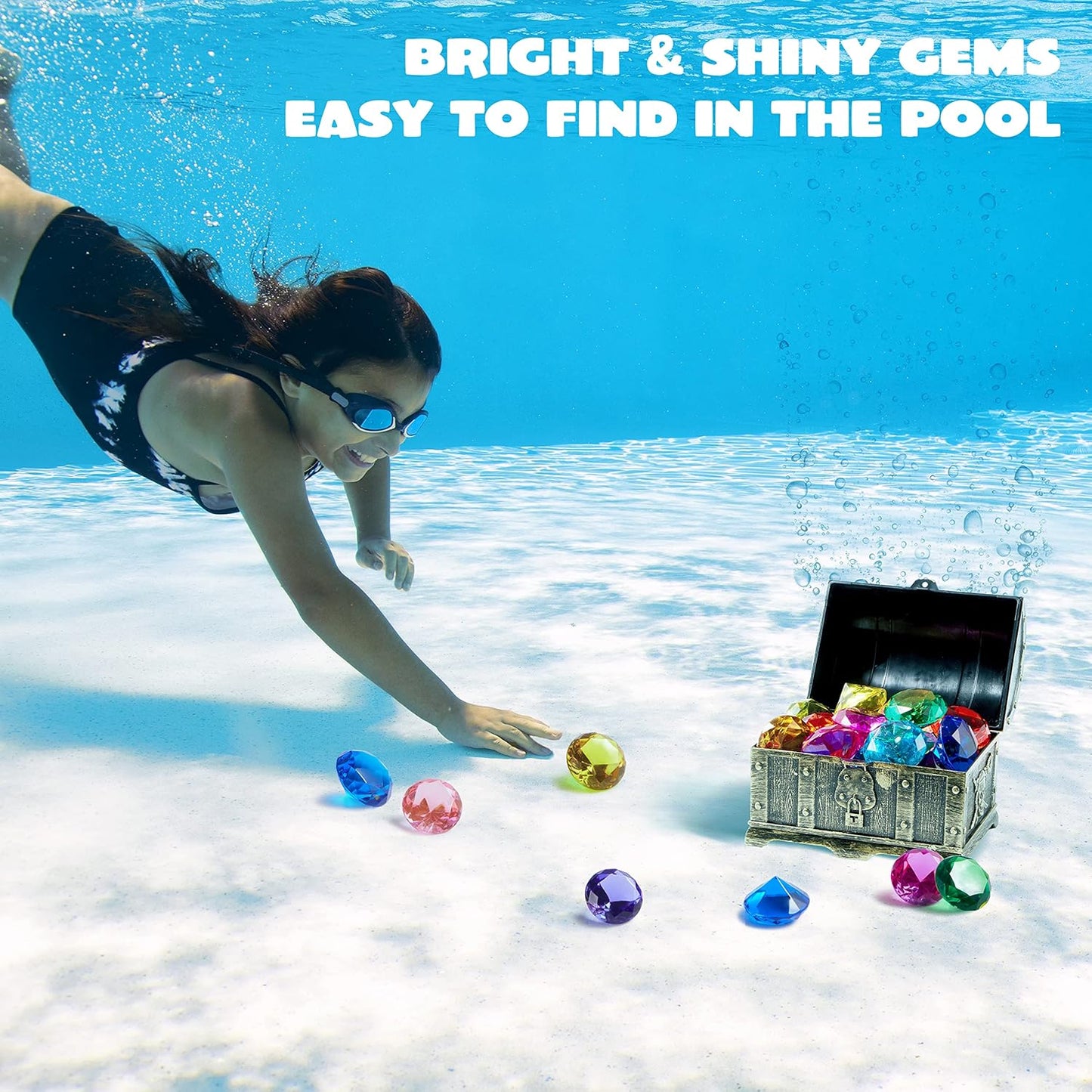 Sloosh Diving Gems Pool Toys, 16 Big Colorful Diamond with Pirate Treasure Chest,Swim Dive Toy for Kids Underwater Gemstone Swimming Training Gift Water Pool Games(Gold)