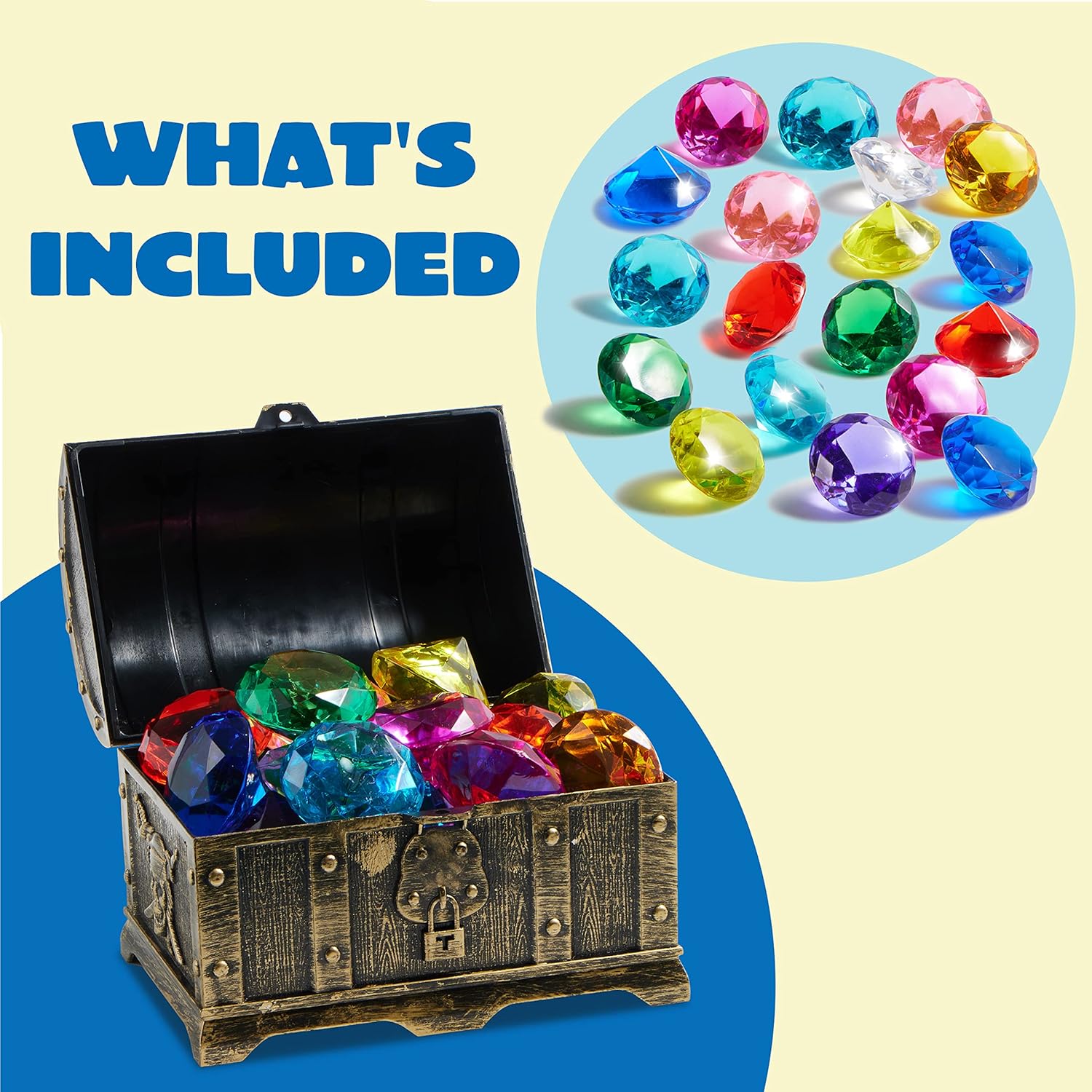 Sloosh Diving Gems Pool Toys, 16 Big Colorful Diamond with Pirate Treasure Chest,Swim Dive Toy for Kids Underwater Gemstone Swimming Training Gift Water Pool Games(Gold)