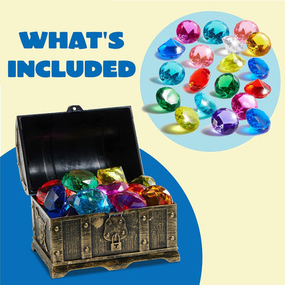 Sloosh Diving Gems Pool Toys, 16 Big Colorful Diamond with Pirate Treasure Chest,Swim Dive Toy for Kids Underwater Gemstone Swimming Training Gift Water Pool Games(Gold)