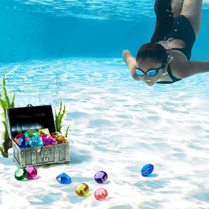 Sloosh Diving Gems Pool Toys, 16 Big Colorful Diamond with Pirate Treasure Chest,Swim Dive Toy for Kids Underwater Gemstone Swimming Training Gift Water Pool Games(Gold)